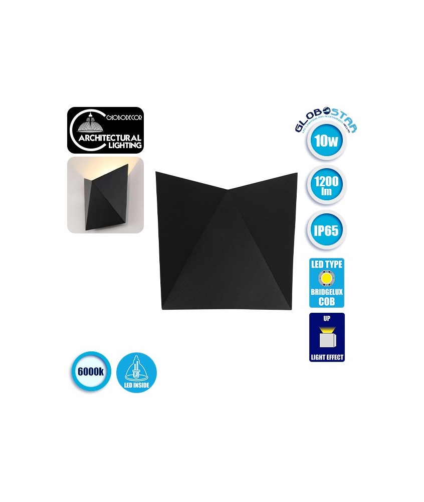 GLOBOSTAR® STEALTH 96506 Μοντέρνο Φωτιστικό Τοίχου - Απλίκα LED 10W 1200lm 60° AC 220-240V Αδιάβροχο IP65 Ψυχρό Λευκό 6000K - Bridgelux COB Chip & TÜV SÜD Driver - Μαύρο Ματ - Μ17 x Π7.5 x Υ17cm - 5 Χρόνια Εγγύηση